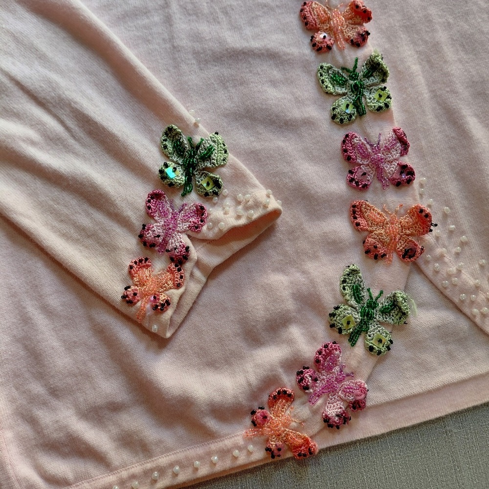 Vtg Storybook Knits Ornate Butterflies Cardigan Women's 1X Pink Multicolor Beads